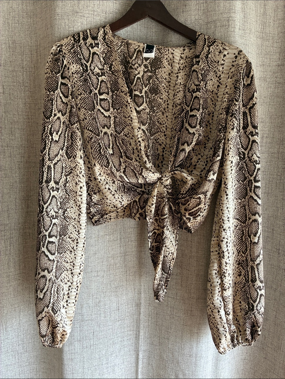 Snake Print Tie-Front Long Sleeve Crop Top - Brown